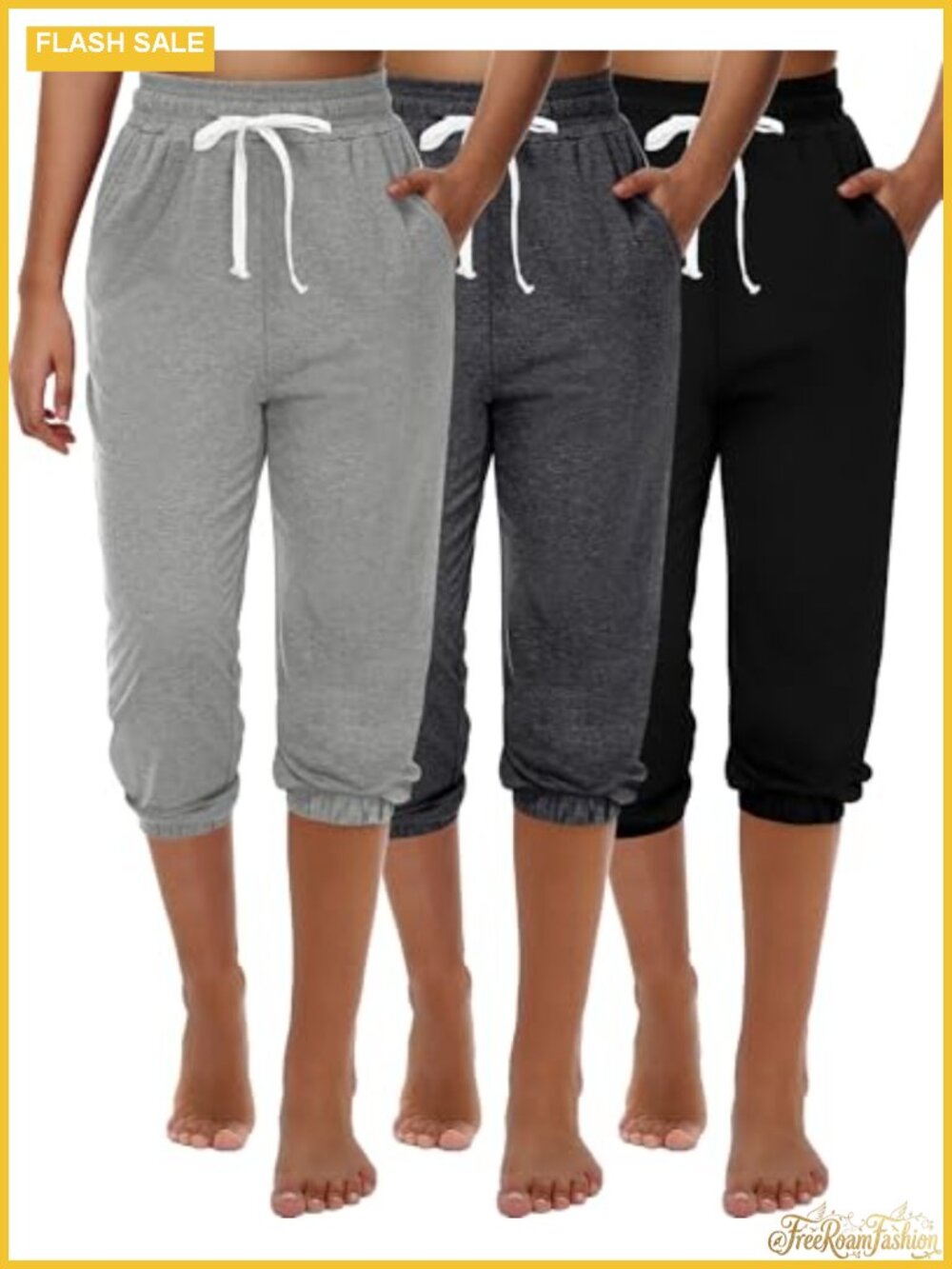 3 Pack Women's Capri Joggers Sweatpants with Pockets High Waist Drawstring